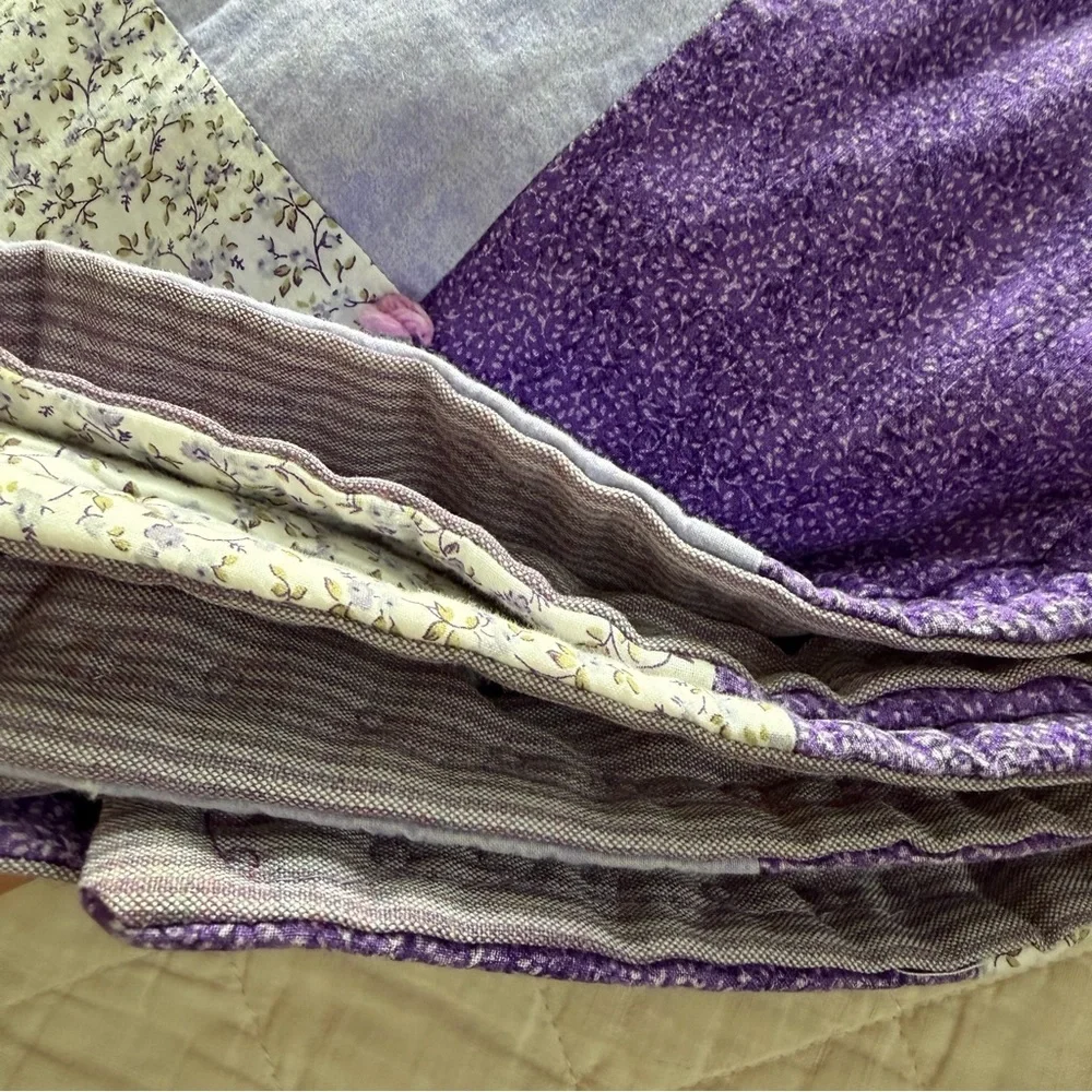Vintage Patchwork Quilt – Purple & Lavender Floral – Hand-Tied – 57” x 57”